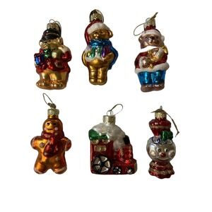 6 Vtg Thomas Pacconi 3" Glass‎ Christmas Ornaments Bears Train Clown Gingerbread